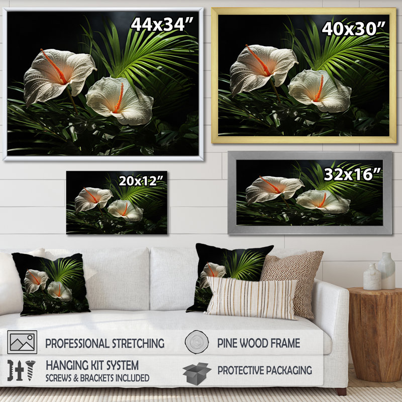 Anthurium blanc dans un salon tropical - art mural floral, Cadre flottant blanc, H 30 po x l 40 po x P 1,5 po