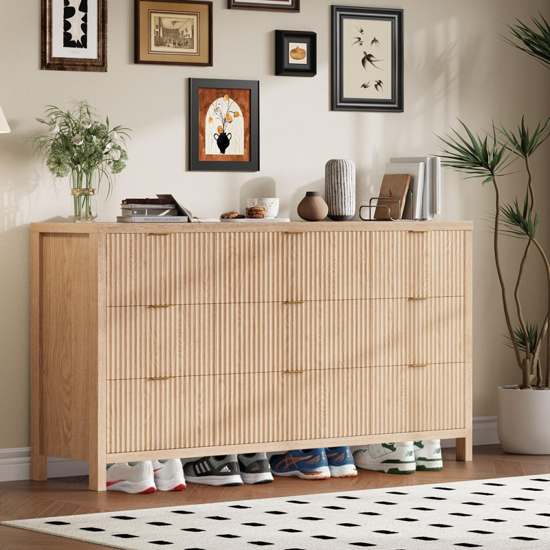 58.5" Wide Fluted 9 Drawer Dresser, Mid-Century Wood Storage Chest for Bedroom, Natural