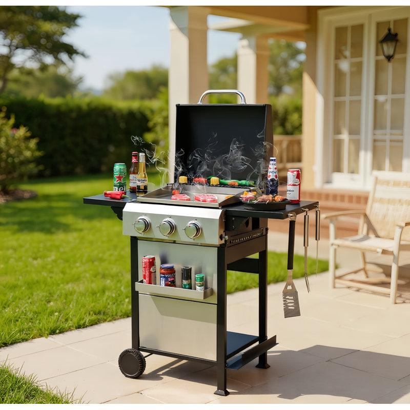 3-Burner Portable Propane Gas Bbq Grill With Wire Enamel Cooking Grids,Ss Plancha,  Foldable Side Table