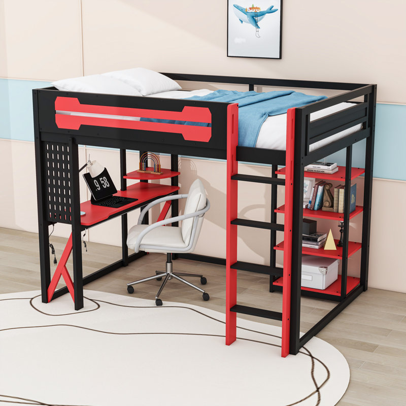 Full Wood Loft Bed with Desk, Shelves, LED Light and Power Outlet, Black Red