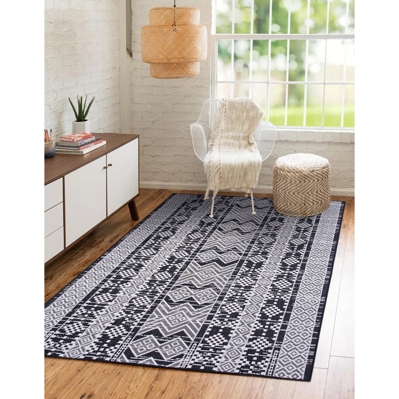 Tapis intérieur / extérieur en polypropylène tissé à la machine rectangulaire en noir / blanc, Rectangle 8 pi x 10 pi