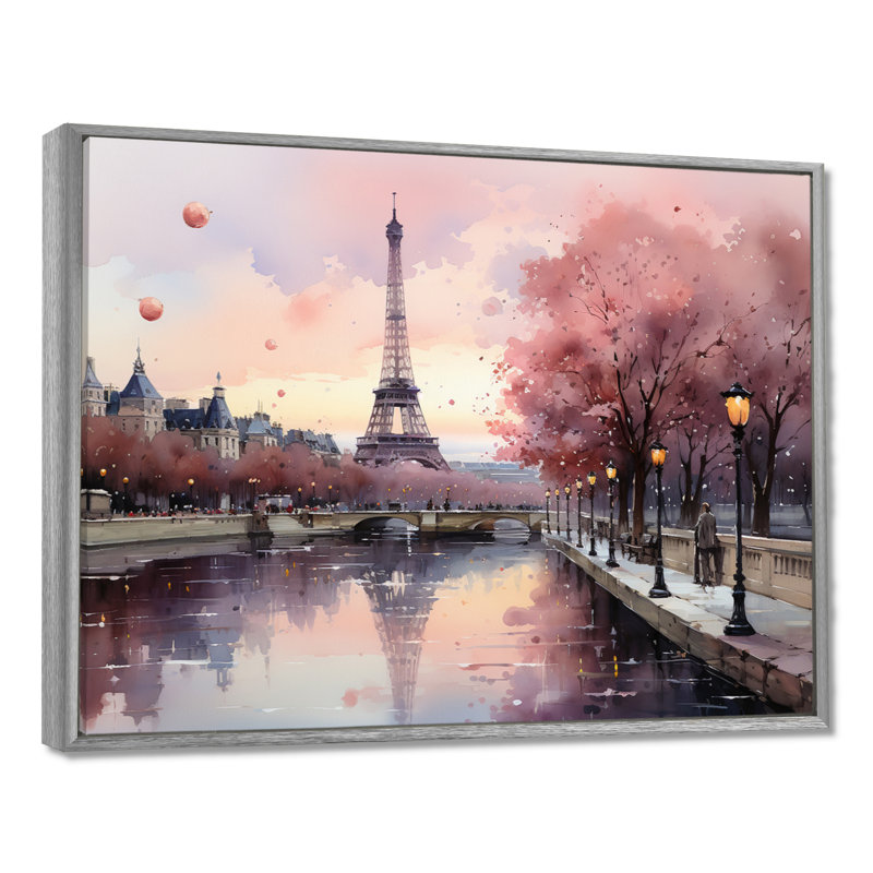 «Pink Twilight Rendezvous In Paris II», impressions sur toile de parcs d'attractions, Argent argent, H 16 po x l 32 po