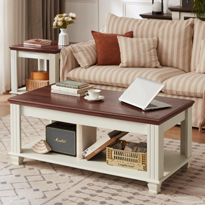 Farmhouse Coffee Tables for Living Room,Square Tea Table with Open Storage Shelf,Large Coffee Table,Rustic Wooden Center Table (White)
