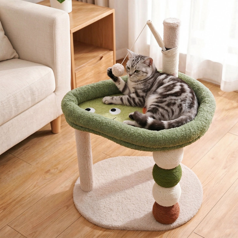 Petite tour à chat avec lit, arbre à chat mignon pour chats d'intérieur, poteau à griffer en sisal avec jouet suspendu et boules en sisal, perchoir à plusieurs niveaux
