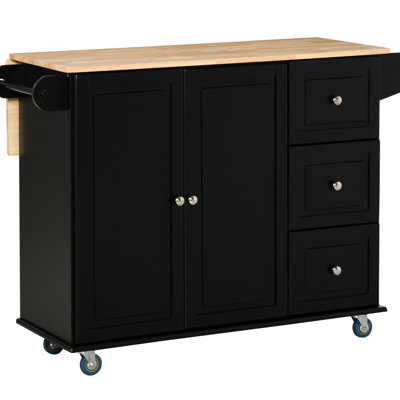 Black Movable Kitchen Island With Drop Leaf. Storage Cart 3 Drawers, 2-Door Cabinet, Towel/Spice Rack. And Functional Equipment Mobile Leaf Design. Furniture