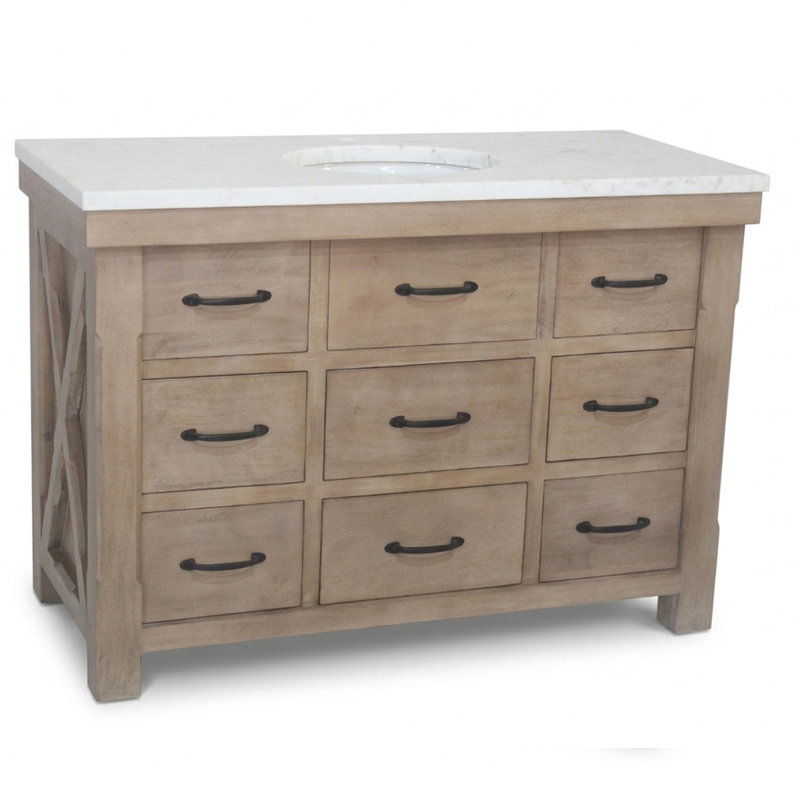 Meuble-lavabo simple 48 po de style maison de campagne en bois naturel avec plateau en marbre blanc assemblé, 48"