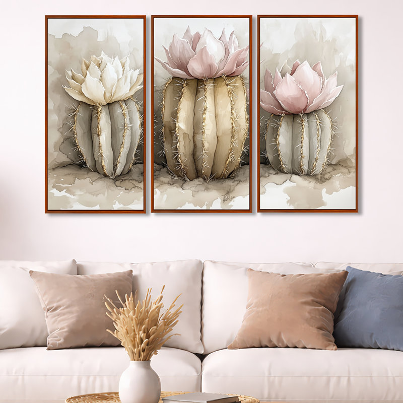 «Desert Bloom Cactus Trio II», ensemble d'art mural encadré botanique de 3, H 32 po x l 48 po, Cadre flottant brun