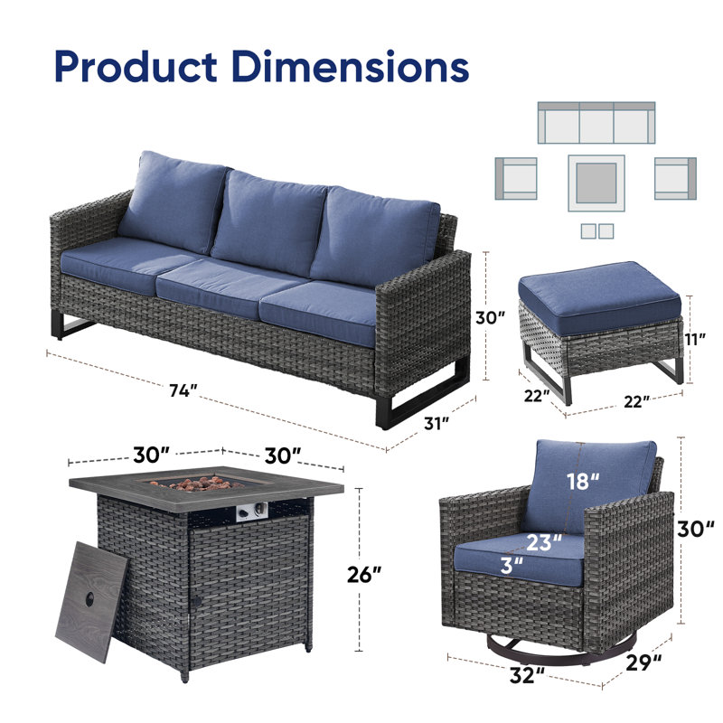 Naresa 6-Piece Outdoor Sofa Set, Wicker Patio Furniture Set With Fire Pit Table, All-Weather PE Wicker, Blue