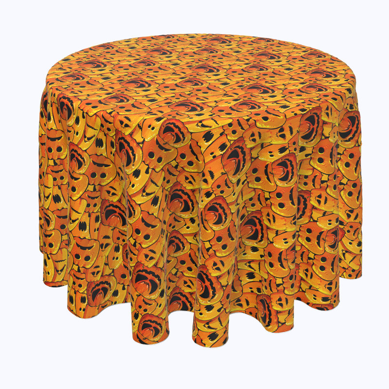 Geometric Round Halloween Tablecloth, 108" L x 108" W, Pumpkin Ghost Faces