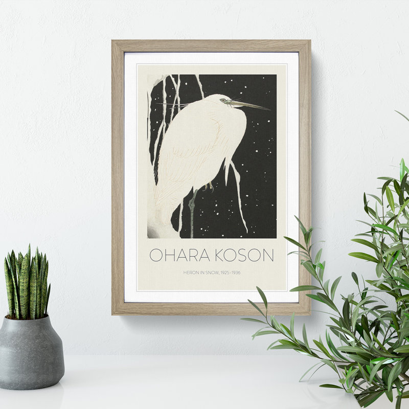Heron in the Snow by Ohara Koson - Picture Frame Art Prints, Oak Framed, 36cm H x 27cm W x 2cm D