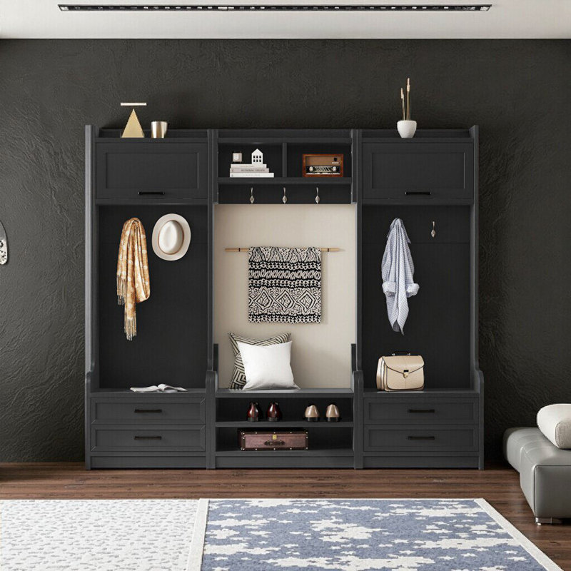 White 4-in-1 Detachable Hall Tree Entryway Storage with Cabinet, Drawers & Hooks, Black