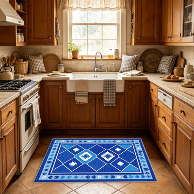 Tapis Cobalt Blue Boho Heart Kilim pour le salon, doux et confortable, convient à toutes les saisons, facile à entretenir, tapis de sol intérieur lavable à la machine, sous la table de ferme convenant à la chambre à coucher, à la salle à manger, au bureau, au balcon, au patio