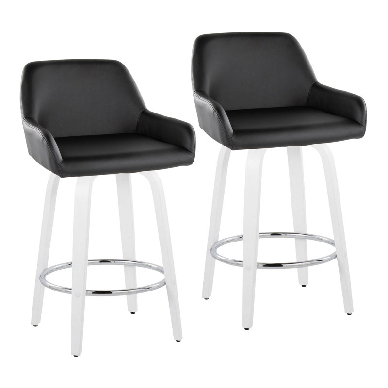 Tabouret de bar à hauteur fixe avec pivot en bois blanc et similicuir noir avec repose-pieds rond chromé - ensemble de 2