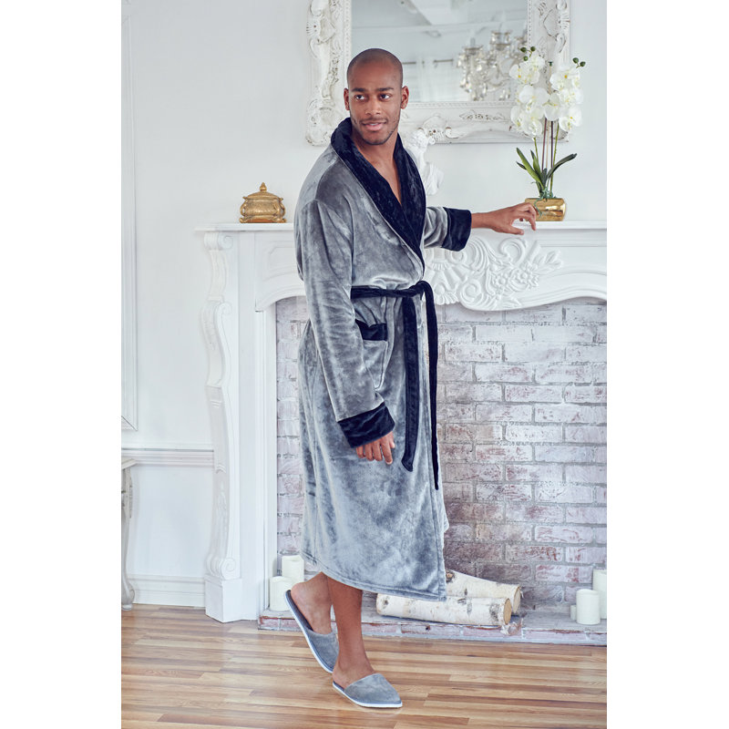  Peignoir en molleton mi-mollet avec poches, G / TG, Gris noir
