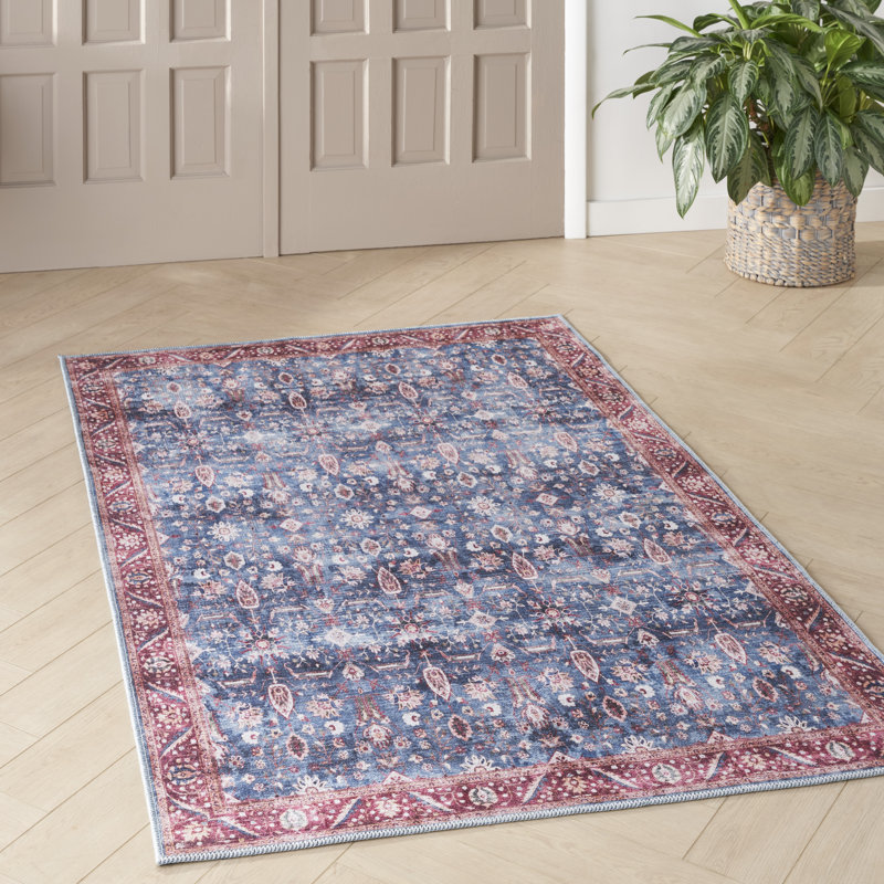 Tapis bleu brique lavable à la machine, Rectangle 5 pi 3 po x 7 pi 3 po