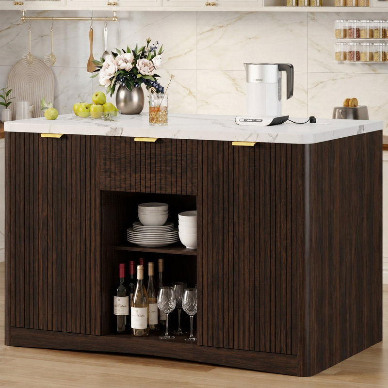 Îlot de cuisine 47 po avec rangement, tablette réglable, prise de courant et tiroir, Brun