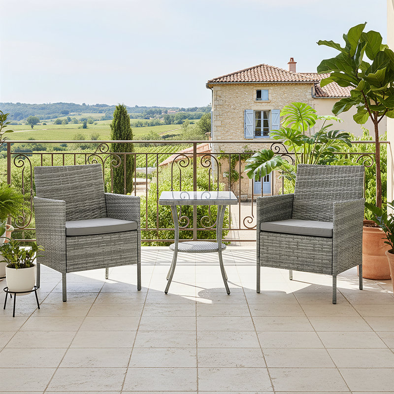 3-Piece PE Rattan Garden Furniture Bistro Set, Grey Cushion/Grey Frame