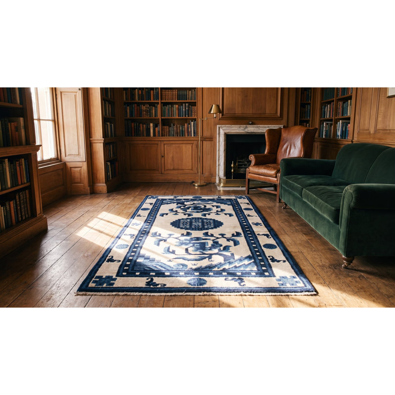 White and Blue Color Antique Chinese Scatter Size Peking Rug