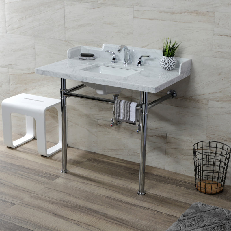 Kingston Brass Wesselman 36-Inch Carrara Marble Console Sink with Stainless Steel Legs (8-Inch, 3-Hole), White/Silver