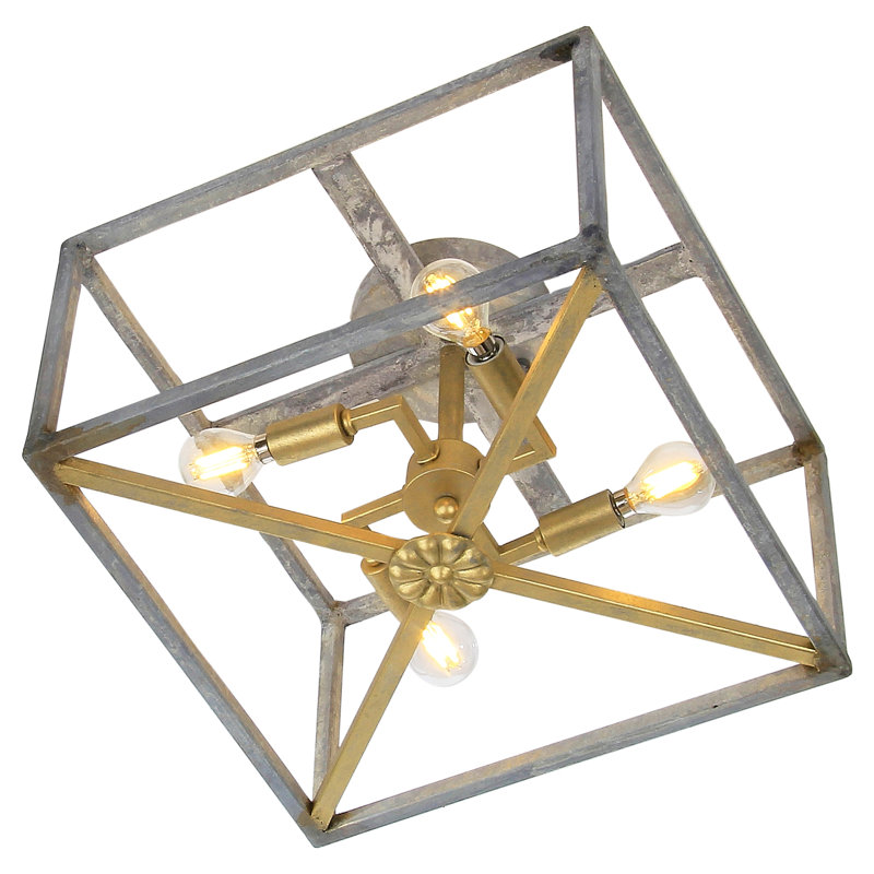 Medallion 4 - Light 14'' Caged Square / Rectangle Flush Mount, Deep Ocean/Antique French Gold, 9.5" H x 14" W x 14" D