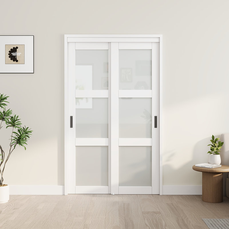 Portes de garde-robe coulissantes 80 "à verres givrés 80" avec quincaillerie et poignées, 48 po x 80 po, Black
