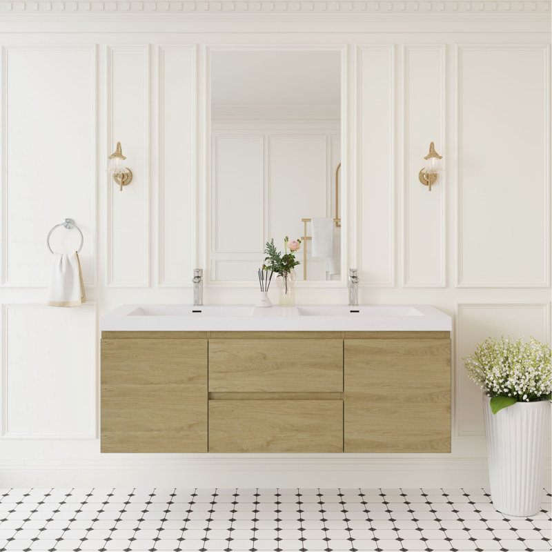 Meuble-lavabo flottant de 60 po avec lavabo, meuble-lavabo mural moderne avec lavabo à surface solide, deux lavabos et tiroirs à fermeture en douceur