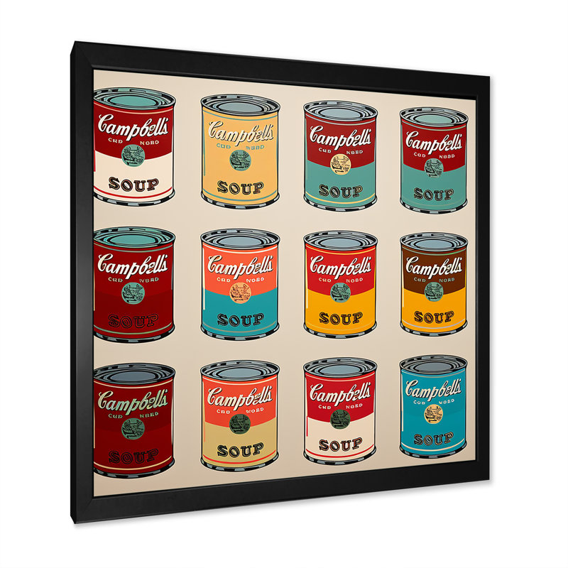 Pop Art Soup Collage I - Art mural lait, Cadre simple noir, H 16 po x l 16 po x P 1 po