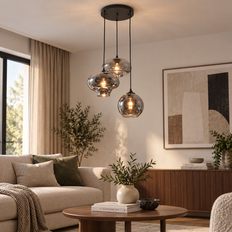 11 Inch Black Smoked Glass Modern 3 Light Cluster Pendant Chandelier for Warm Dining and Living Room Ambiance