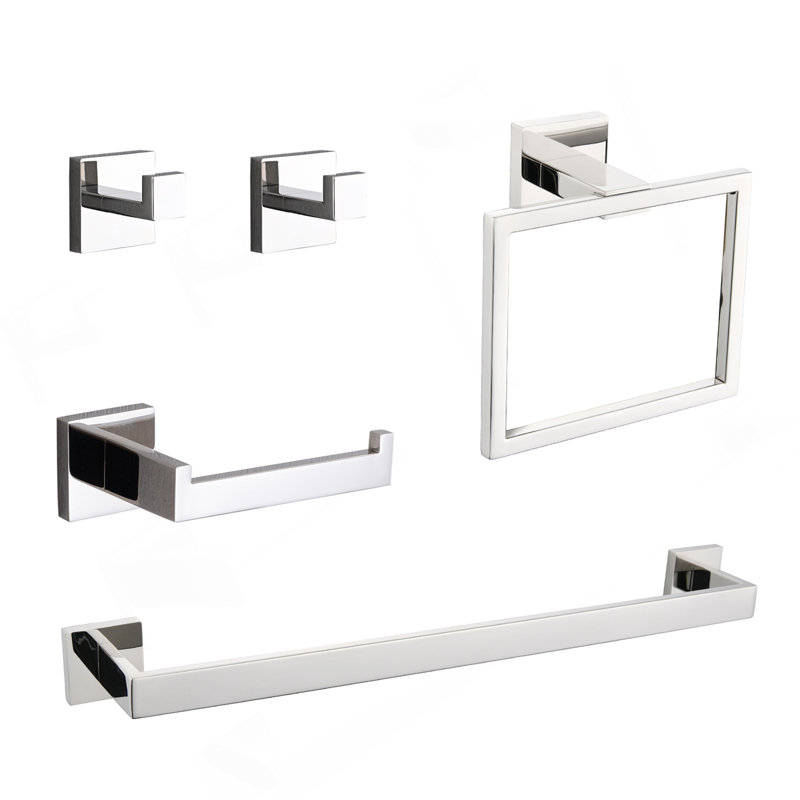 5-Piece SUS304 Bathroom Set: Towel Bar + Ring + Hooks + TP Holder, Chrome