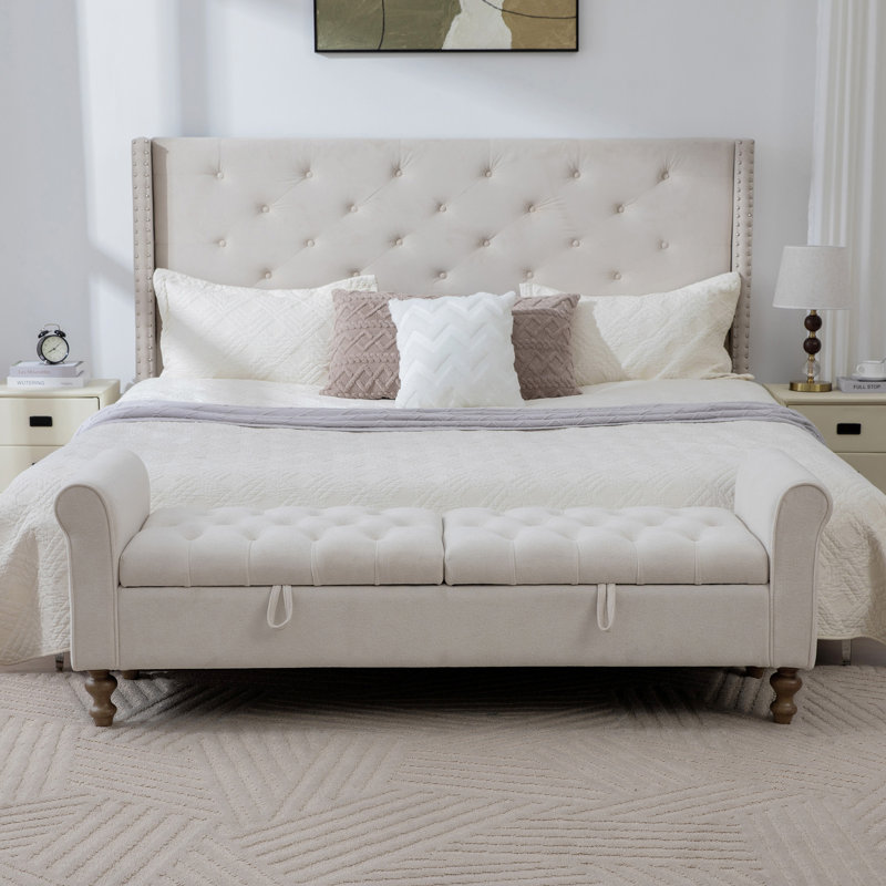 Banc de rangement rembourré moderne de 65,75 po de largeur avec double couvercle, Beige