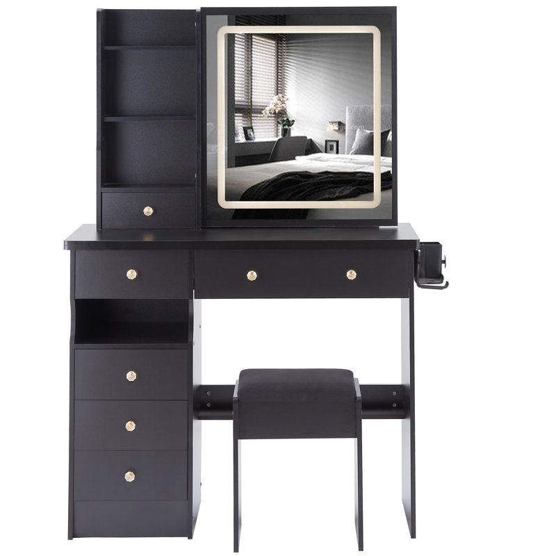 Table de coiffeuse et tabouret de bureau de 37 po avec tiroir à gauche, 2 prises AC +, support pour sèche-cheveux, miroir à DEL tactile 3 couleurs, style américain avec coussin intégré