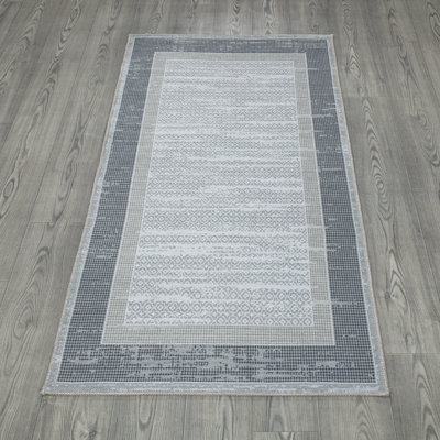 Machine Washable Wrinkle Free Flatweave Border Gray Area Rug for Living Room, Hallway Runner
