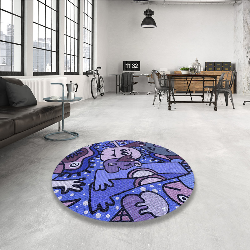 Tapis 100% bleu à motif lavable à la machine 2989, Rond 8 pi
