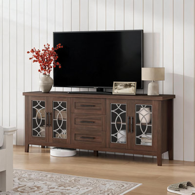 Farmhouse TV Stand with Glass Door for 65-70 Inch TV, Entertainment Center, Mid Century Television Stands with 2 Storage Door and 3 Drawer, Console Table with Shelves for Living Room (Black)