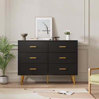 Modern Style 6 Drawer Dresser – Wide Wooden Chest with Deep Storage, Gold Handles, Sturdy Bedroom Furniture for Living Room, Entryway – Contemporary Design, Black