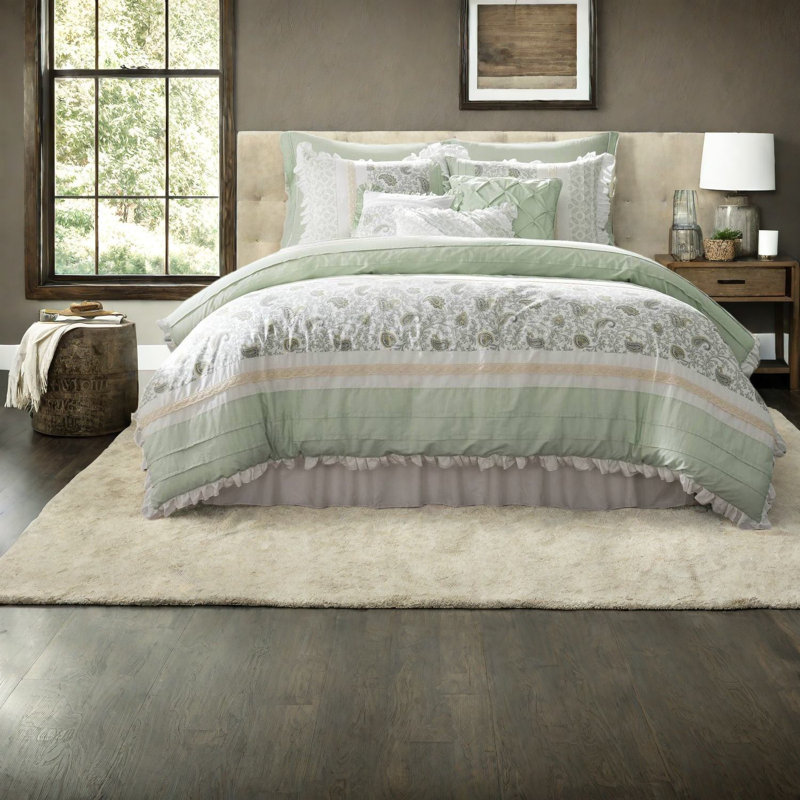 Ensemble de literie en percale de coton de qualité supérieure, vert sauge, style maison de campagne élégante