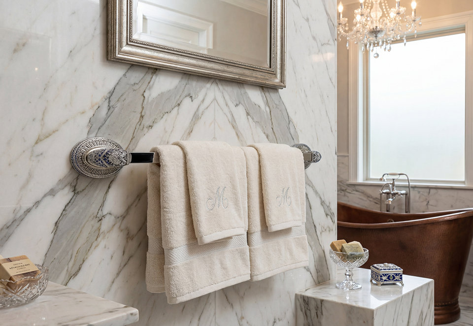 Two monogrammed cream towels hang on an ornate, silver-toned towel bar mounted against a white marble wall in a luxurious bathroom with a copper soaking tub.