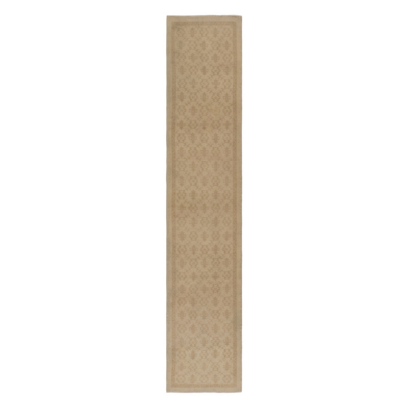Vintage Distressed Runner Rug, Beige-Brown Floral Geometric Pattern- Rug & Kilim