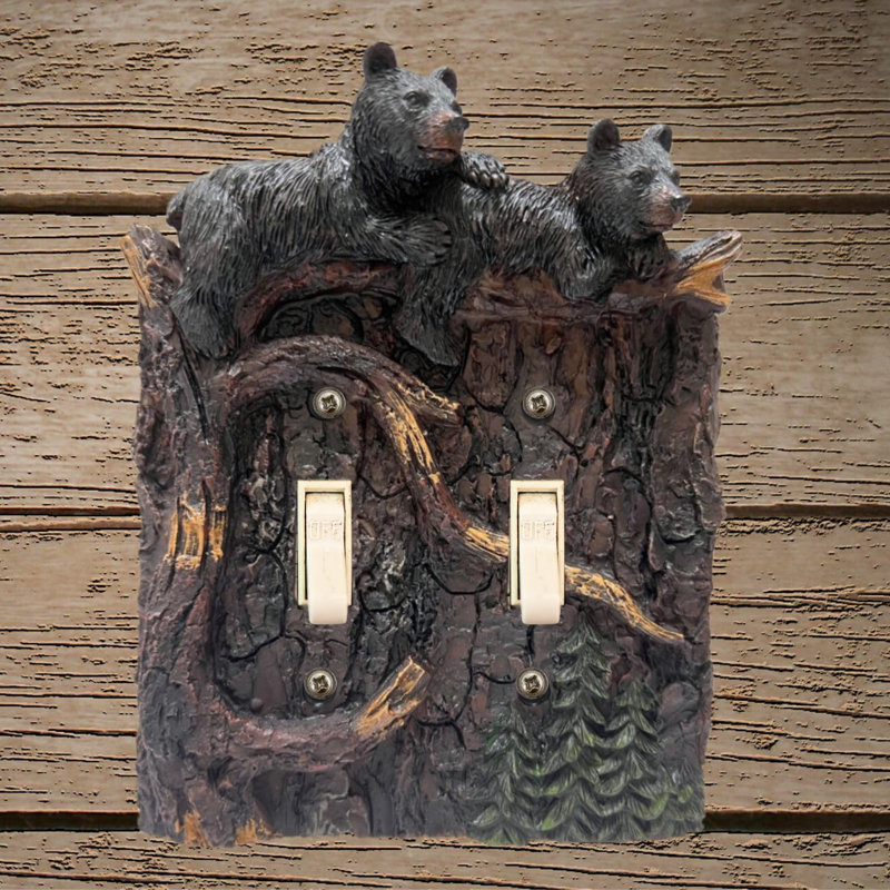 Resin Rustic Double Toggle Switch Cover Bear Climbing on Tree Branch Design