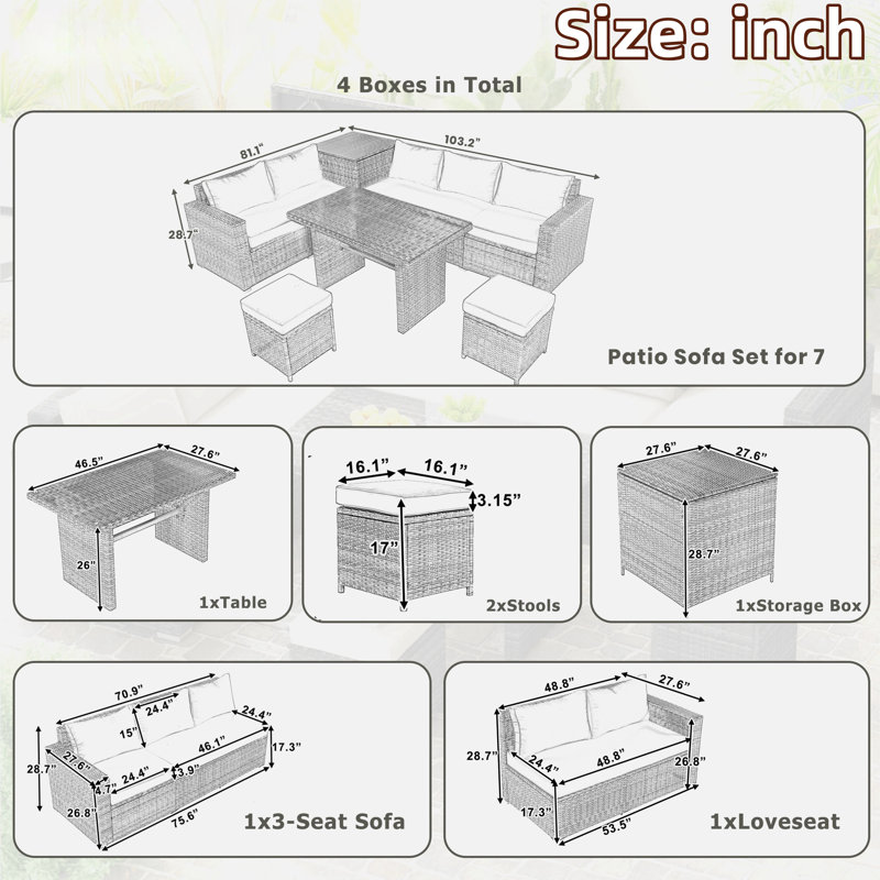 6-piece All Weather Pe Rattan Sofa Set With Adjustable Seat, Storage Box, Removable Covers And Tempered Glass Top Table