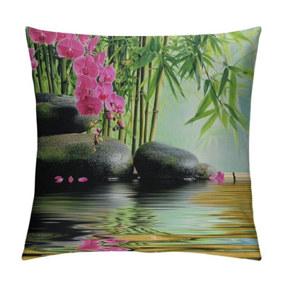 2pc Spa Themed Throw Pillow Cushion Cover, Orchid Flowers Pebble Stones and Exotic Branches on The Water Image, Decorative Square Accent Pillow Case, White