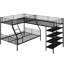 Lit mezzanine en métal noir avec rangement pour tablette - Lit de style simple en L sur lit superposé double et lit superposé, 4 tablettes, velours