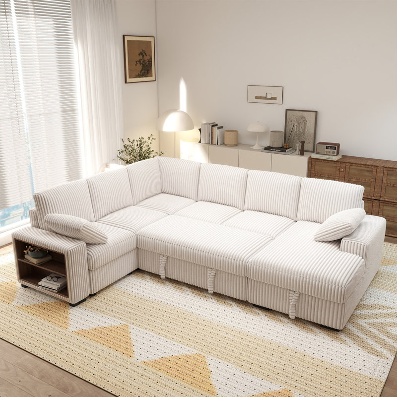 117" Convertible Sleeper Sofa Bed U-shaped Corduroy Sectional Pull-Out Couch With Storage Armrest & Storage Chaise & Corner