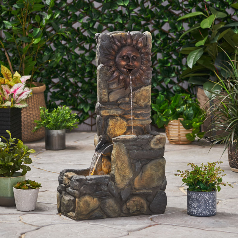 Fontaine de sol de 36,5 po de hauteur, faite à la main, résistante aux intempéries avec lumière, gris pierre