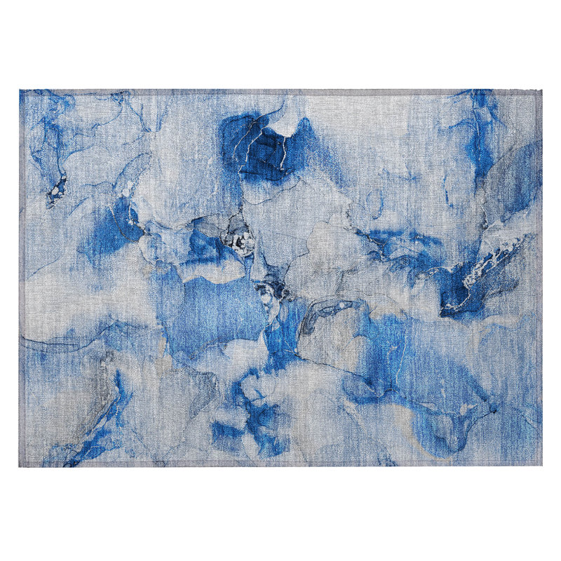 2' X 3' Navy Blue Abstract Washable Indoor Outdoor Area Rug