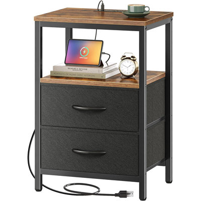 Nightstand With Charging Station, Side Table With Fabric Drawers, End Table With Open Shelf, Bedside Table With Usb Ports And Outlets, Night Stand For Bedroom, Rustic Brown And Black
