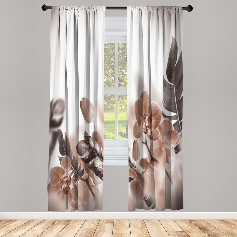 Microfiber Floral Semi-Sheer Rod Pocket Curtain Panels, 28" W x 63" L, Sepia Brown/Dirt Brown/White