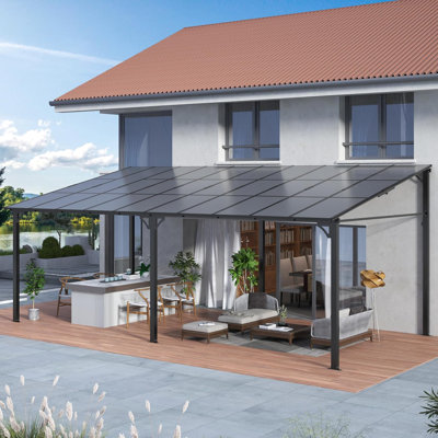 12' x 20' Lean-to Wall-Mounted Gazebo with Polycarbonate Roof, Aluminum Frame Hardtop Pergola, All-Weather Patio Cover for Deck, Backyard & Outdoor Lounge