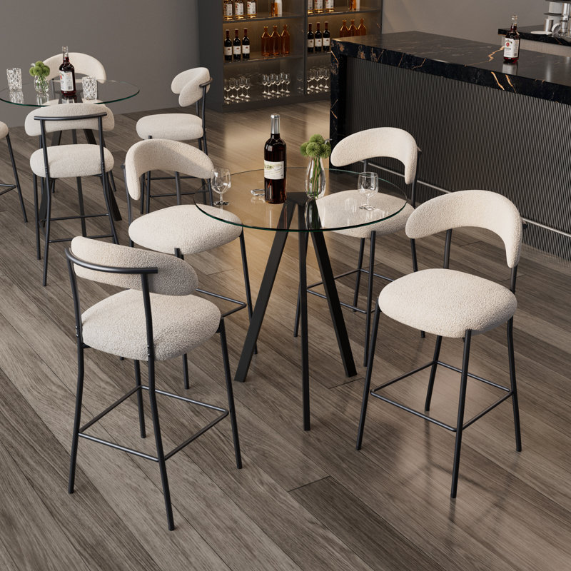 Rosibel Bar Table Set, Tempered Glass Round Dining Table And Height Bar Stools, White, 5 Piece: Table, 4 Chairs