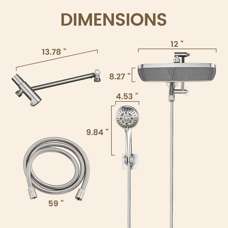 Pomme de douche à pluie double 12 pouces avec bras d'extension et douchette multifonction 8-Spary Nickel brossé